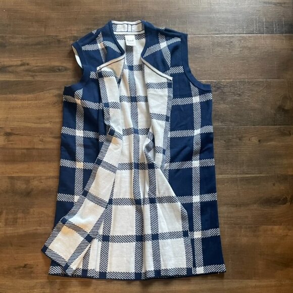 Blair Navy Blue & White Plaid Sleeveless Open Front Vest Cardigan Size L - Picture 1 of 6